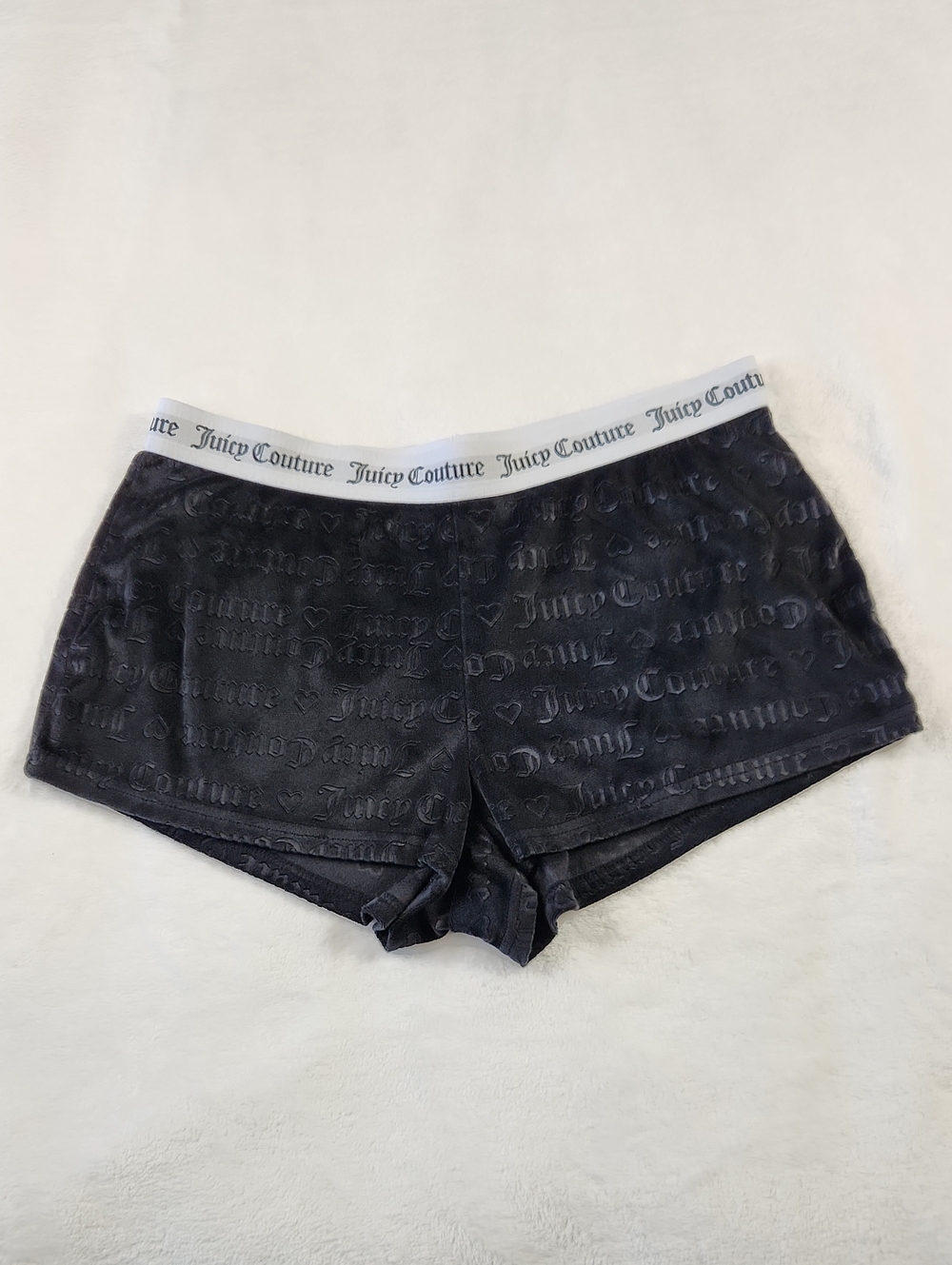 Juicy Couture Black Velour Logo-Print Pajama Lounge Shorts White Waistband Sz M